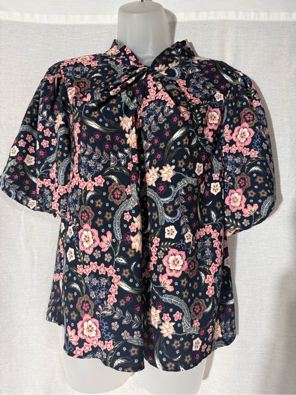 LOFT Black Floral Tie-Neck Blouse with Pink and Cream Flowers Size Medium